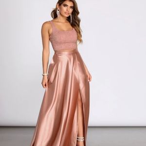 rose lace top and satin skirt with split